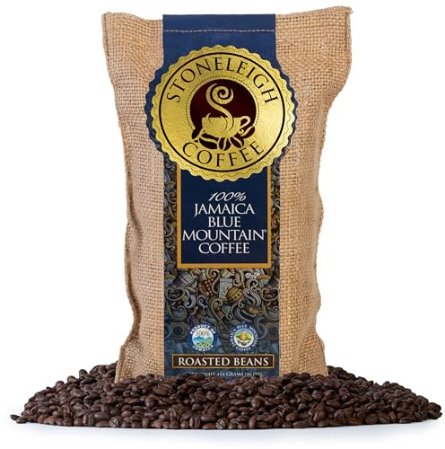 Jamaica Blue Mountain Roasted Whole Beans Coffee by Stoneleigh - 16oz - Traditional Jamaican Crocus (Burlap) Bag Packed Ideal for Gifting