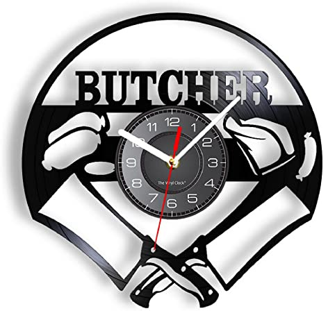 XUSANSHI 30cm Horloge Murale Chef Boucher Couteaux Croisés Disque Vinyle Horloge Murale Cuisine Salle À Manger Décor Boucherie Grillades BBQ Party Montre Décorative