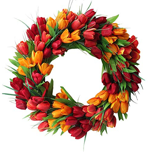 YQYAZL Künstliche Tulpenkränze, Türkranz, Tulpenkranz, Blumenkränze für Haustür, Frühlingsseidenkranz mit grünen Blättern, für Zuhause, Hochzeitsdekoration, Rot, 50 cm