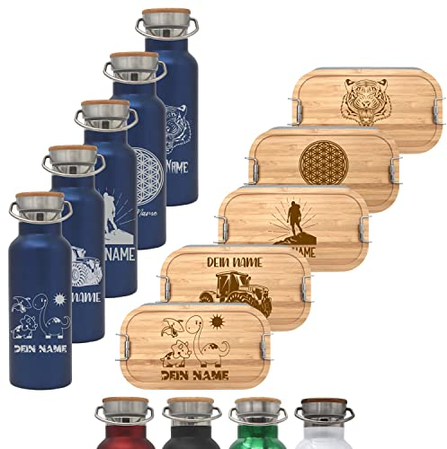 Brotdose und Trinkflasche mit Namen personalisiert im Set, Lunchbox M aus Metall und Isolierflasche aus Edelstahl personalisiert in blau, 20221971