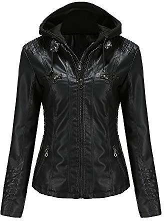 JMKEY Giacca da Donna in Pelle PU Stile Motociclista a Maniche Lunghe con Cerniera, Cappuccio Rimovibile e Design Slim, Stile 1, S