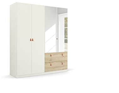 Rauch Möbel Homey by Quadra Spin Schrank Drehtürenschrank, Weiß-Eiche Artisan, Holz, 4-TRG. mit Spiegel, inkl. 2 Kleiderstangen, 2 Einlegeböden, 2 Schubladen, Griffe Lederlasche, BxHxT 181x210x54 cm