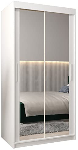 ABIKSMEBLE Tokyo 3 100 Armadio a due ante scorrevoli per camera da letto, moderno armadio con specchio, asta e ripiani, 100 x 200 x 62 cm (L x A x P) bianco opaco