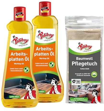 POLIBOY Arbeitsplattenöl - Holzöl für Massivmöbel - Öl zur Holzpflege und Holzschutz - 2x 500ml - Mit Baumwolltuch - Made in Germany