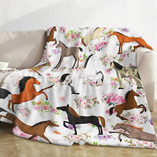 Kuscheldecke Pferd Mädchen, Decke Pferde Frauen, Weich Flanelldecke Pferd mit Blumen, Warm Plüsch Fleece Wohndecke Pferd Blumen für Teenager Tochter Erwachsene Geburtstagsgeschenke Bett, 150x200cm