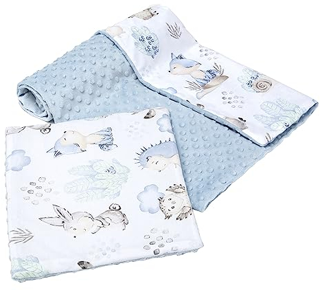 Medi Partners Babydecke Krabbeldecke mit Kissen 100% Baumwolle Minky Kinderdecke groß zweiseitig 75x100 + 35x30cm multifunktional für Bett Kinderwagen (Hirsch und Igel mit hellblauem Minky)