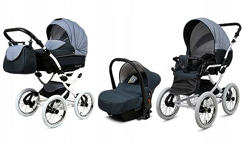 BabyLux® Kinderwagen Set 3 in 1 - Margaret White - incl. Babywanne, Buggy Sportsitz, Auto-Babyschale - Autositz - Kinderwagenset - Kombikinderwagen mit Wickeltasche, Regenschutz usw.