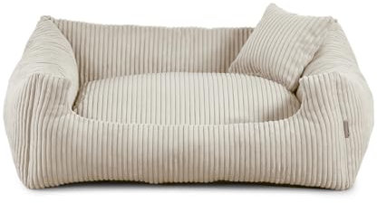 Gutekissen® Hundebett aus weichem Material, gefüllt mit Polyurethanschaumstoff, Geripptes Material, schmutzabweisend, Farb- und Größenwahl, inklusive kleines Kissen. (L - 90x75, Beige)