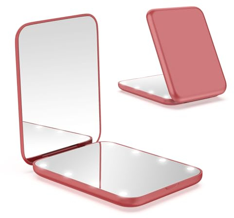 WOBSION Specchio Portatile con Luce LED per Viaggio,Pieghevole Specchietto da Borsetta di 1x/3x Ingranditore,Piccolo Mirror per Trucco con Interruttore Magnetico,a Regalo,Rosso