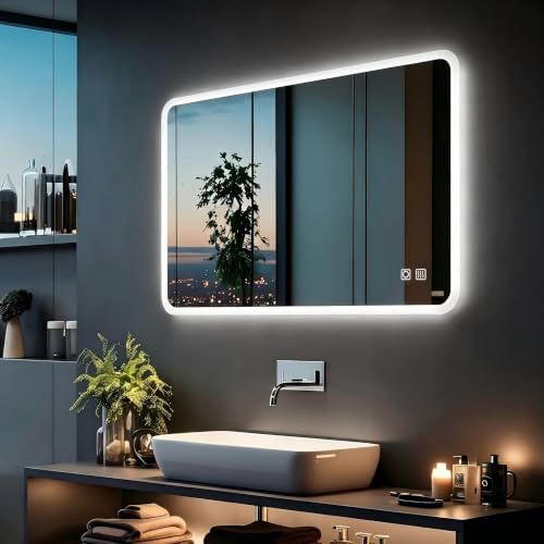 MIQU LED Badspiegel mit Beleuchtung 100x60 cm Badezimmerspiegel, Bad Groß Spiegel mit Touch Dimmbar Warm/Weiß Licht Beschlagfrei Wandspiegel für Badezimmer, WC, Flur Rechteck runden Ecken