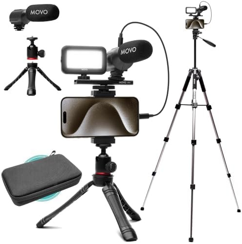 Movo uVlogger Kit de Vlogging Compatible Android/USB-C/iPhone 15 avec Trépied Grand Format - Kit de Démarrage Youtube pour Créateurs de Contenu: Trépieds, Support Téléphone, Lumière, Micro Shotgun