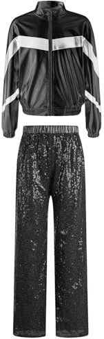 Jugaoge Set di vestiti per bambini Hip Hop, giacca lucida e pantaloni con paillette, per ragazze e ragazzi, streetdance DJ discoteca, Nero , 170