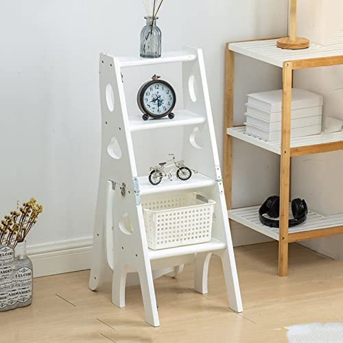 SZITW Klappbarer Leiterstuhl, Tritthocker aus Holz, 4-Stufen-Hocker, Treppenstuhl für Erwachsene, Rutschfester, Leichter Trittleiter-Treppenstuhl für die Innenküchenbibliothek, weiß