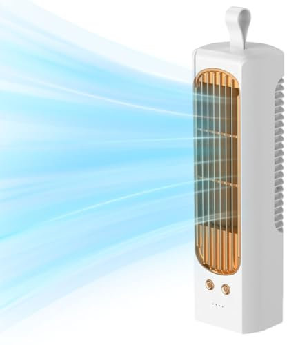 Fiorky Mini ventilador de torre de escritorio de 11 pulgadas, pequeño ventilador de torre portátil de 3 velocidades, ventilador de pie silencioso sin aspas, ventilador de escritorio recargable para