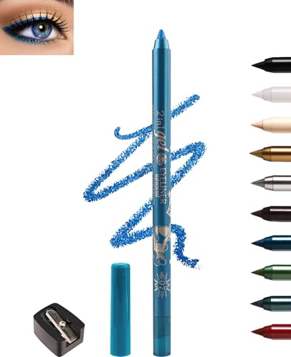 Blau Glitzer Gel Eyeliner, Cremig Wasserfest Kajalstift Blue Langanhaltend | Wischfeste Eyelinerstift mit Anspitzer, Hochpigmentierter Lidschattenstift für Empfindliche Augen, Leicht Aufzutragen Makeup
