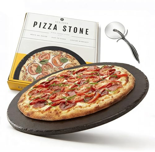 Pizza Stone Set with Pizza Cutter, 38cm Cordierite Baking Stone for Oven, Grill – Includes Stainless Steel Pizza Wheel & Peel Board – Fast Heating, Easy Clean