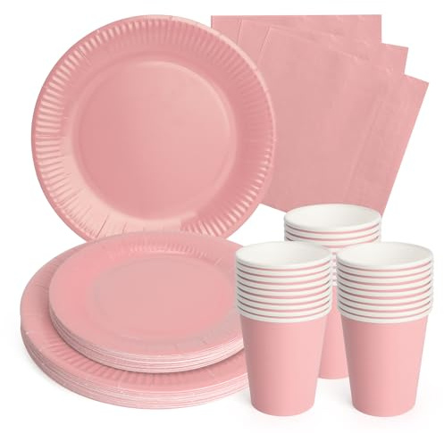 PARTY GO Partygeschirr Partyzubehör Rosa Set Dekoration Geburtstag Kinderparty Geschirr Enthält 24 9 Pappteller 24 7 Pappteller 24 Pappbecher 24 Servietten für 24 Gäste Mädchen Jungen Themenparty