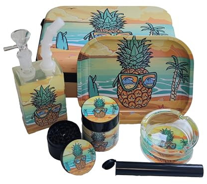 Kräuter Aufbewahrungsbox set groß,Dekorativer premium Koffer,Ananas Kiste,Geschenkset Box mit Grinder,Crusher, Behälter luftdicht,Pfeife,Shisha,Glas Bong,Tablett,Zigaretten Behälter,Glas Aschenbecher