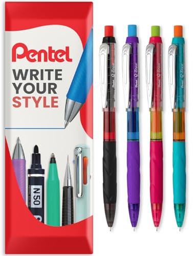 Pentel Q-Erase Druckbleistift mit einziehbarem Radiergummi, 0,5 mm, Härtegrad HB, Schwarz, Violett, Rosa und Blau, 4 Stück, in Kissenverpackung