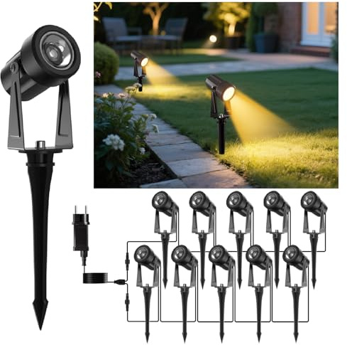 GLOBELIT LED Gartenbeleuchtung 32M Kabel, 10er-Set 360° Einstellbar IP65 Wasserdicht Gartenstrahler,30° Strahlwinkel, 3000K Warmweiß Gartenleuchten Mit Strom 150LM