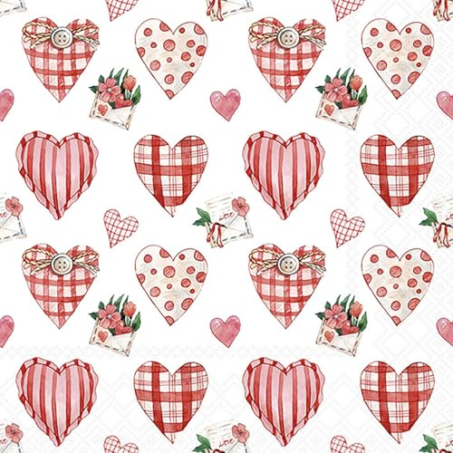 20 Servietten Liebe Dekorierte Herzen rot als Tischdeko. Papierservietten mit Motiv. Auch für Decoupage und Serviettentechnik 33x33cm