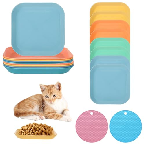 8 Stück Katzennapf Flach, Bunte Futternapf Katze Set, Quadratisches Plastik katzenfutternapf mit 2 Antirutschmatten, Katzenschüssel Katzen napf Katzennäpfe Katzen Futternapf Katzenteller für Kätzchen
