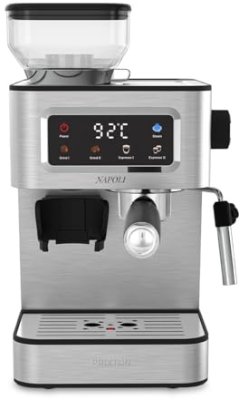 PRIXTON Cafetera Espresso Napoli con Molinillo Integrado 22 Niveles, 20 Bares, 1350W, Filtro de Doble Salida, Vaporizador ajustable, Compatible con Café en Grano, Molido y Cápsulas