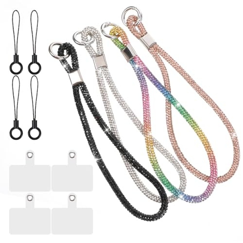 Jxiwfvl 4 PCS Luxury Diamond Phone Wrist Strap, Glitter Phone Strap Wrist Lanyard, 6.89 Inch Length Shiny Rhinestone Phones Chain for Keychain Wristlet Cell Phones Lanyards