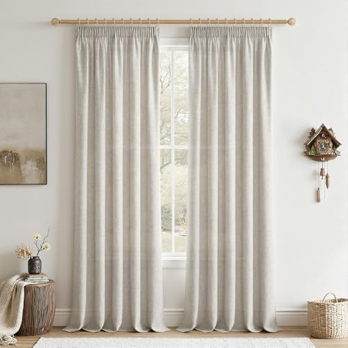CUTEWIND Rideau Fenetre Lin Naturel Rideau pour Dressing Rideau Salon Voilage 140 x 245 cm (LxH), 2 Pièces, Rideaux à Galon Fronceur Semi-Transparent Tamisant Doux pour Porte de Chambre