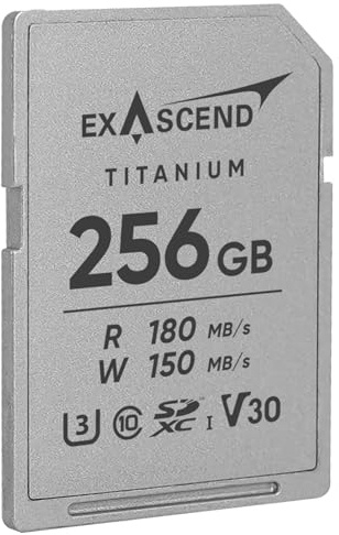 Exascend Scheda di memoria SDXC UHS-I V30 in titanio, 256 GB, corpo interamente in metallo, fino a 180 MB/s in lettura, 150 MB/s in scrittura, video 4K UHD, IP68 resistente all'acqua e alla polvere