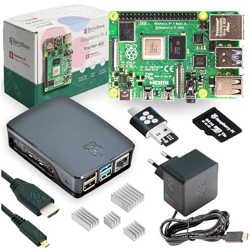 Raspberry Pi 4 Starterkit (4 GB RAM) Komplett-Set von BerryBase, MicroSD-Karte mit Raspberry Pi OS, offizielles Gehäuse, 15W USB-C Netzteil, Micro-HDMI-Kabel, Kühlkörperset