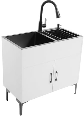 LENJKYYO Fregadero de cocina independiente con armario bajo y grifo, fregadero doble de acero inoxidable, incluye dispensador de jabón, escurridor y unidad de drenaje, armario para fregadero (blanco)