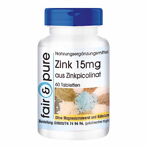 Fair & Pure Zink 15mg aus Zinkpicolinat, 60 Tabletten, hochdosiert, Nahrungsergänzungsmittel vegan ohne Magnesiumstearat, in Deutschland hergestellt