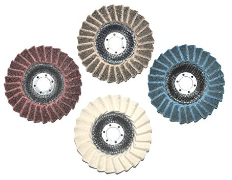 Set mit insgesamt 4 Stück 125mm Polierfächerscheiben. Je 1x Fein/Fine, Mittel/Medium, Grob/Coarse und Filz Polierfächerscheibe. 22.23mm für Winkelschleifer.