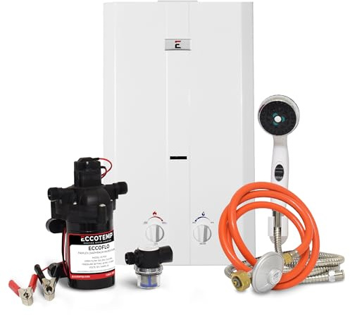 Eccotemp CE-L10 Portable Outdoor Tankless Water Heater w/EccoFlo Diaphragm 12V Pump, Strainer & Shower Set, 30 mbar