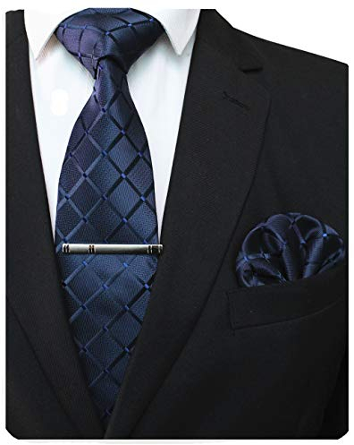 JEMYGINS Herren Hochzeit Krawatten-Set mit Karomuster und passendem Einstecktuch sowie Krawattenklammer - einfarbig in verschiedenen Farben erhältlich Navy blau