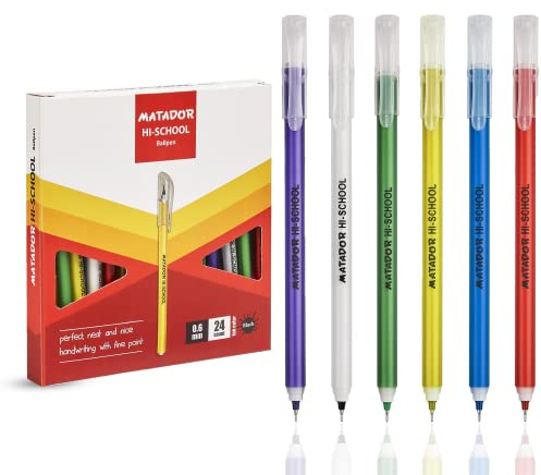 Matador Hi-School Fine Point Roll Gel Pens | Smooth Writing Gel Pens with 0.5mm Ballpoint Tip | Durable Blue Ink Pen for School, Office and Home Use (Black - Pack of 24)