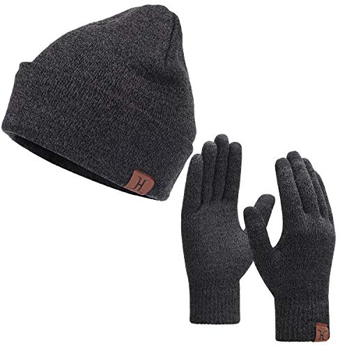 Bequemer Laden Herren Damen Winter Warm Beanie Mütze Touchscreen Handschuhe Set, Thermo Wintermütze Strickmütze Winterhandschuhe mit Fleece Gefüttert， Dunkelgrau