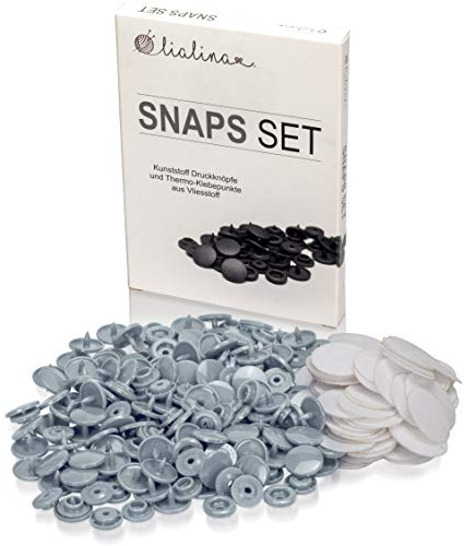 Lialina® 50 x KAM Snaps-Set T 5 Vorrats-Pack für DIY-Nähprojekt mit Kunststoff-Druckknöpfen 12,4 mm und 100 x passenden 20 mm Thermo-Klebepunkten aus Vliesstoff Silber