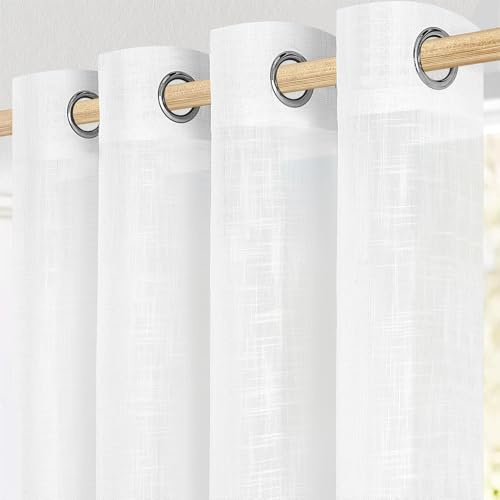 MRTREES Gardinen mit Ösen Kurz 2er Set Vorhang Weiß Leinenoptik 160x140 cm | Vorhänge Halbtransparent,Landhausstil,für Küche,Wohnzimmer Modern,Kinderzimmer,Schlafzimmer,balkon,Kurz Fenster