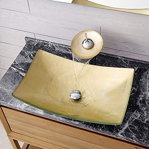 HomeLava Vasque à poser carré or en verre trempé Lave-Mains Évier rectangulaire Lavabo avec robinet cascade pour salle de bains Toilette 58.5x38x14.5cm