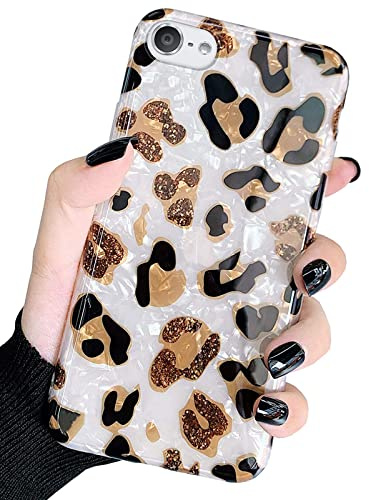 J.West Hülle für iPod Touch 7 – Funkelnde, transparente TPU-Silikonhülle mit weißem, halbtransparentem Leopardenprint; weiche, glitzernde Schutzhülle für Mädchen/Damen