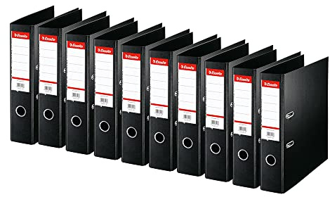 Esselte 320250 - Pack de 10 Archivadores de Palanca Standard, Negro, Lomo de 75 mm, A4, PP, 29 x 7,2 cm, 2 Agujeros, 10 Unidades, Capacidad para 550 Hojas, con Portaetiquetas Personalizable