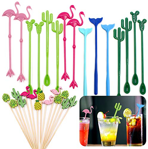 Daily Treasures 15 Stk Swizzle Sticks Wiederverwendbare Cocktail Rührer im Tropischen Stil Flamingo Kaktee Ananas, 14 Stk Hawaii Bambus Dekor Cocktail für Bar Party, Grillen Snacks