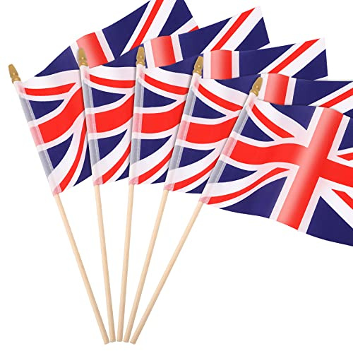 JUNEBRUSHS 20 Pcs British Flag, British Union Jack Stick Flag 14x21cm Mini Handheld Flags Pocket National Flags Decorations (British Flags)