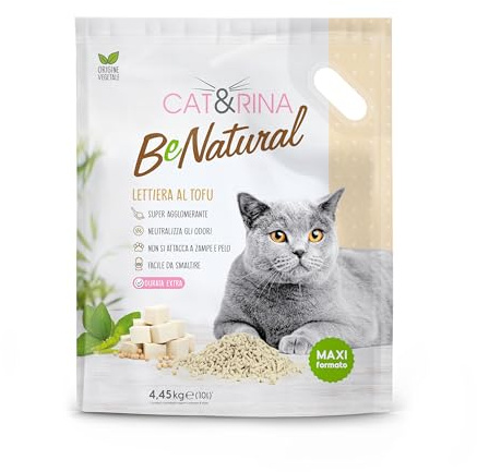 Cat&Rina BeNatural Tofu Katzenstreu, pflanzlich und stark klumpend. Biologisch abbaubar und in der Toilette entsorgbar. Bis zu 60 Tage Gebrauch. Maxi-Format Katzenstreu|Klassisch, 10L.