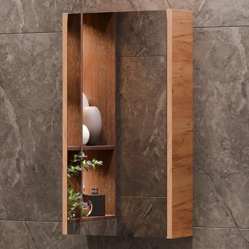 Planetmöbel Spiegelschrank Bad 40 cm, Badezimmerschrank | Aufbewahrungsschrank mit Tür und 2 Glasregalböden, 39,6 x 67,7 x 13,8 cm, Gold Eiche