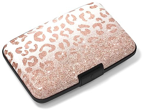 Rimilak Aluminuml Credit Card Holder, Mini Credit Card Wallet RFID Blocking Slim Metal Hard Case for Women Men, Pink Leopard