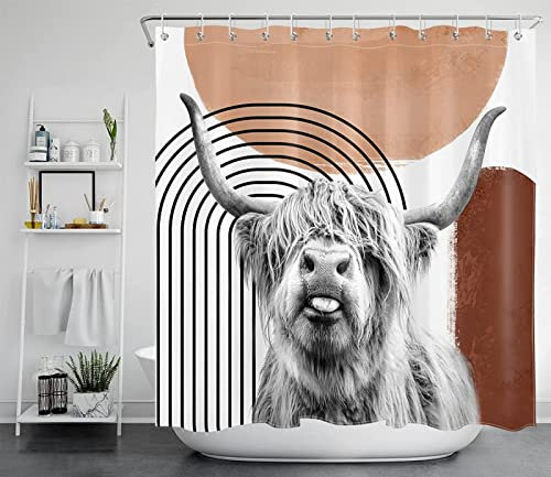 Duschvorhang 240x200 Graues Hochlandrind, Duschvorhänge Antischimmel 3D Geometrie, Shower Curtains Wasserdicht Waschbar, Duschrollo für Badewanne Dusche Badezimmer, mit 12 Ringe