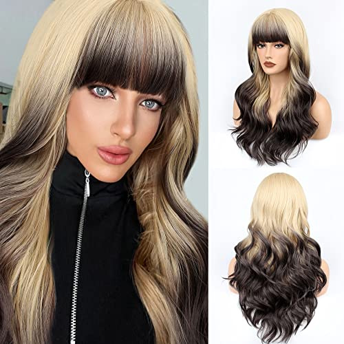 FAELBATY Blonde Langlockige Perücke mit Pony Ombre Blond bis Braun mit langen Locken Perücke für Frauen Natürliche Locken Perücken für Mädchen Party Cosplay Perücke (21 Zoll